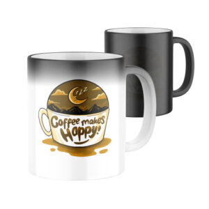 Manboxeo Magický keramický hrnek s potiskem Coffee makes me happy 325 ml